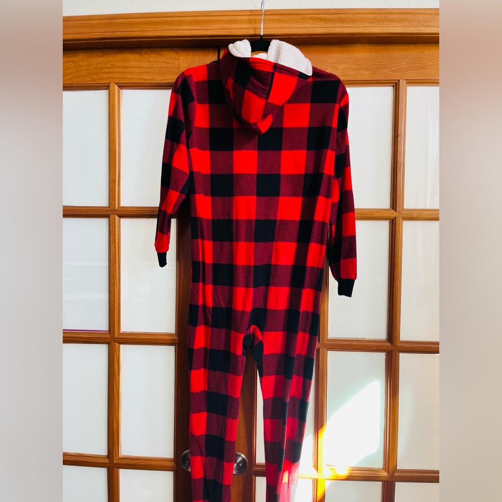 PJ PLACE (Children’s Place) size Xl (14) one piece Red Buffalo Plaid fleece pj’s - Picture 2 of 3
